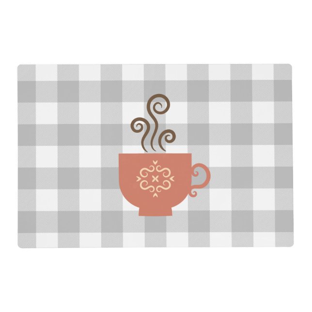 Cute Retro Coffee or Tea Cup on Grey Buffalo Plaid Placemat (Front)