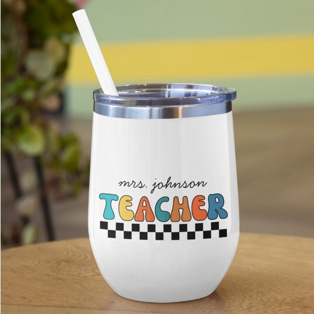 Cute Retro Colorful Groovy Teacher  Thermal Wine Tumbler (Creator Uploaded)