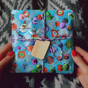 Cute retro colorful ornaments Christmas blue Wrapping Paper