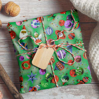 Cute retro colorful ornaments Christmas green Wrapping Paper