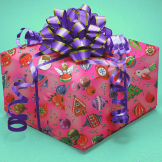 Cute retro colorful ornaments Christmas pink Wrapping Paper
