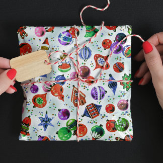 Cute retro colorful ornaments Christmas white Wrapping Paper