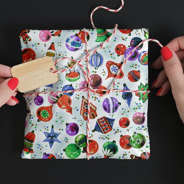 Cute retro colorful ornaments Christmas white Wrapping Paper (Creator Uploaded)