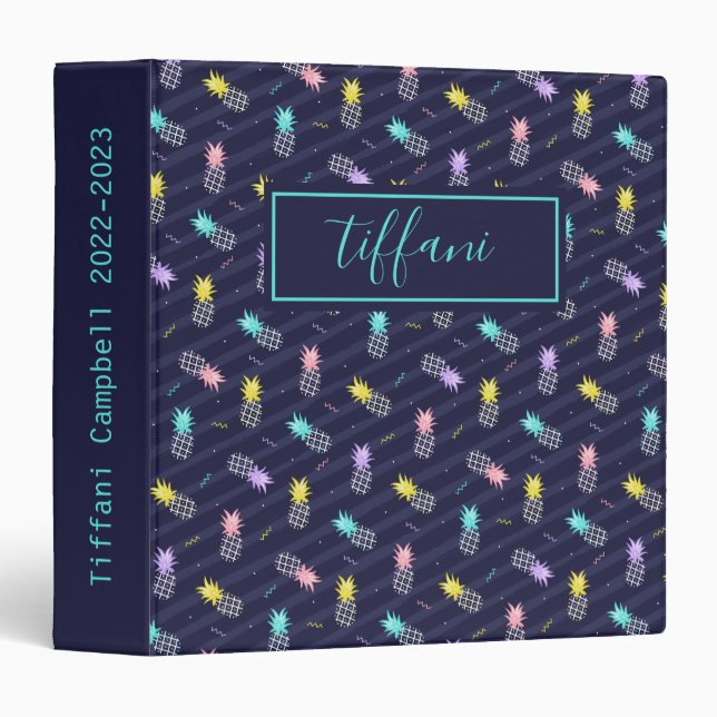 Cute Retro Colorful Pineapples 3 Ring Binder (Front/Spine)