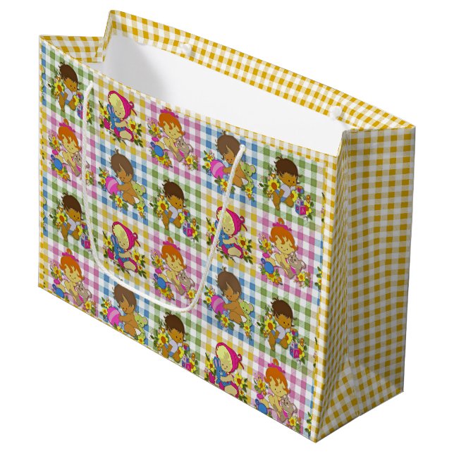 Cute Retro Colorful Plaid Baby Shower  Large Gift Bag (Front Angled)