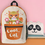 Cute Retro Cool Cat Typography Terracotta Planter Printed Backpack<br><div class="desc">This adorable backpack features a mischievous cat, wearing sunglasses and peeking out of a terracotta planter, which also happens to be the zippered front pocket design. Floral elements, including daisies, and star accents in shades of pink, olive green, orange, coral, and white complement the main motifs perfectly. Retro typography reads,...</div>