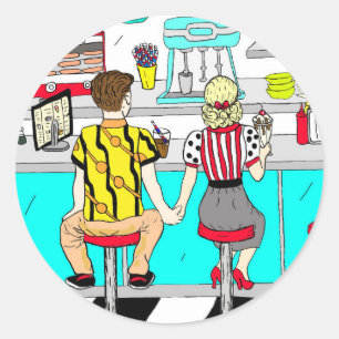 Cute Retro Couple Holding Hands at Diner Classic Round Sticker