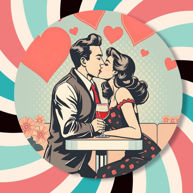 Cute Retro Couple Kissing Pop Art Hearts Classic Round Sticker (Creator Uploaded)