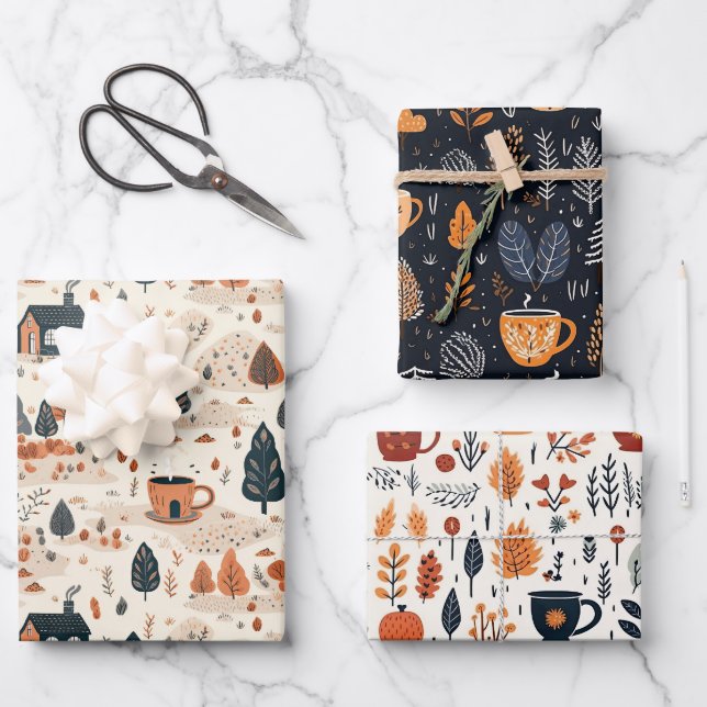 Cute Retro Cozy Fall Pattern Wrapping Paper Sheets (Front)