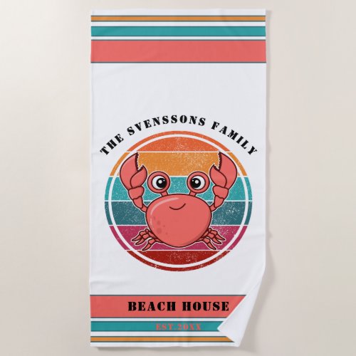 Cute Retro Crab Family Name Year Est Beach House Beach Towel