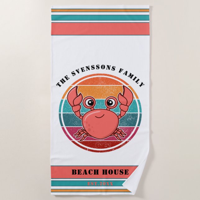 Cute Retro Crab Family Name Year Est Beach House Beach Towel (Front)
