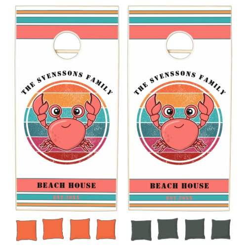 Cute Retro Crab Family Name Year Est Beach House Cornhole Set