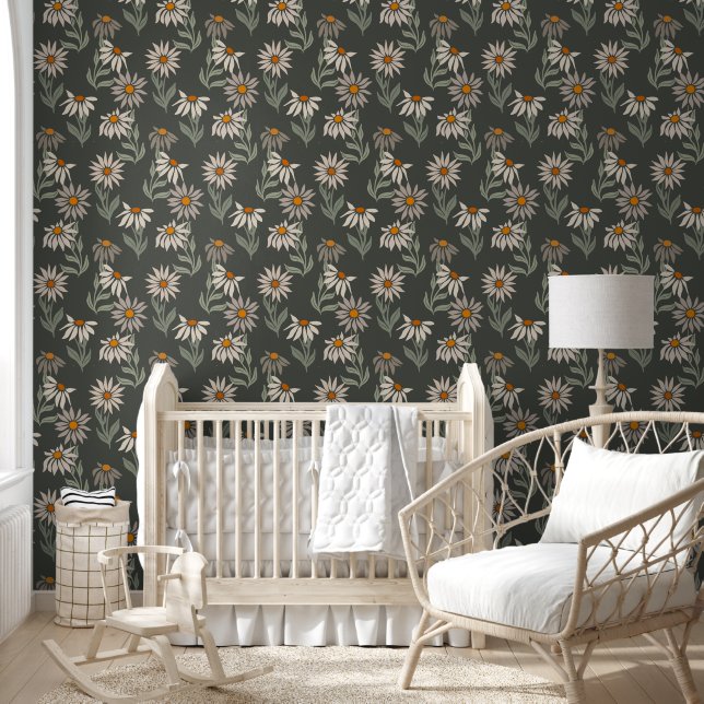 Cute Retro Daises Dark Grey Background Wallpaper (Kids)