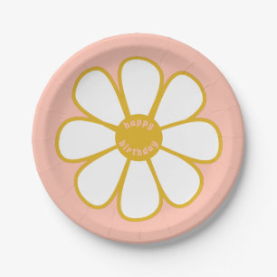 Cute Retro Daisy Flower Happy Birthday Paper Plates