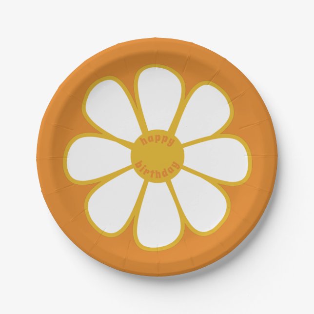 Cute Retro Daisy Flower Happy Birthday Paper Plates (Front)