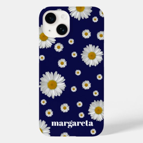 Cute Retro Daisy Flower with Name Navy Blue Case_Mate iPhone 14 Case