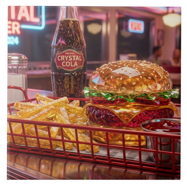 Cute Retro Diner | Crystalline Burger and Fries Ceramic Tile (Front)