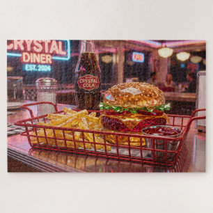 Cute Retro Diner Crystalline Burger and Fries Jigsaw Puzzle