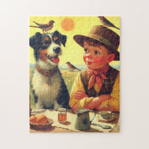 Cute Retro Dog and Children Painting Jigsaw Puzzle
