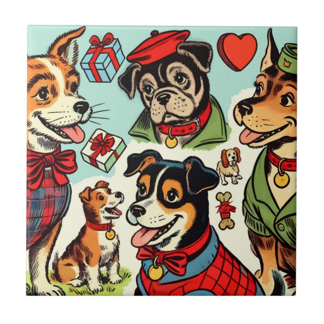 Cute Retro Dogs Comics Ceramic Tile (Front)