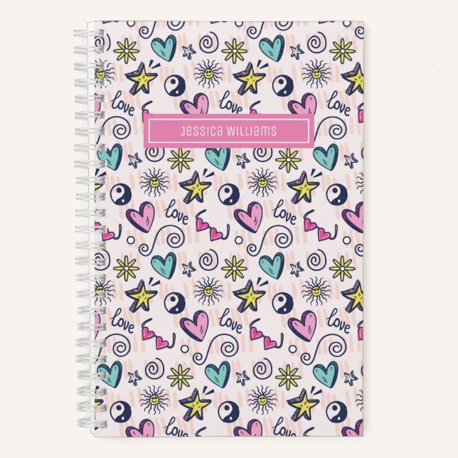 Cute Retro Doodle Heart Star Love Pattern Notebook (Front)