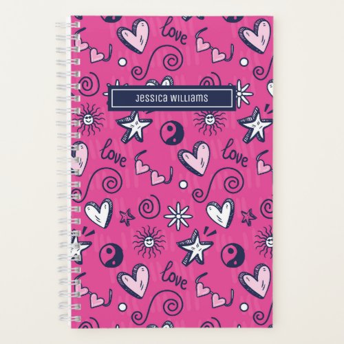 Cute Retro Doodle Heart Star Love Pattern Pink Notebook