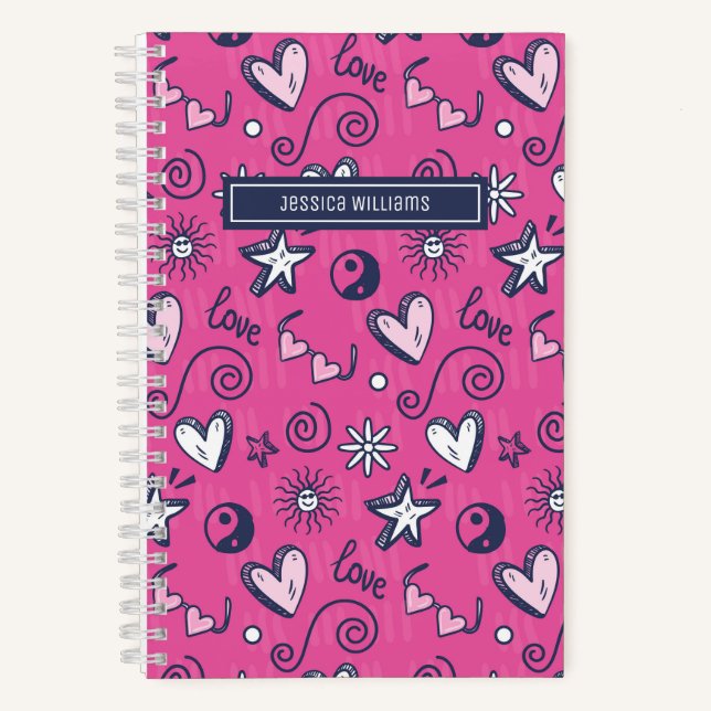 Cute Retro Doodle Heart Star Love Pattern Pink Notebook (Front)