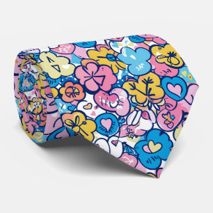 Cute Retro Doodle Hearts Flowers Blue Pink Pattern Neck Tie