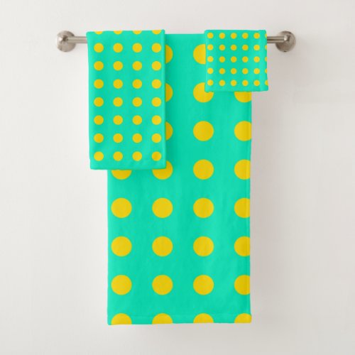 Cute Retro Dots Pattern in Mint Green and Yellow  Bath Towel Set