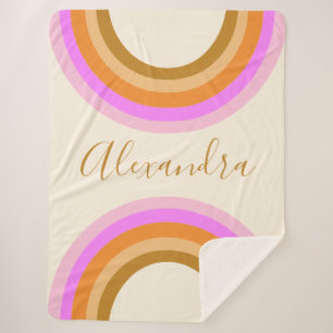 Cute Retro Double Rainbow Personalized Script Pink Sherpa Blanket