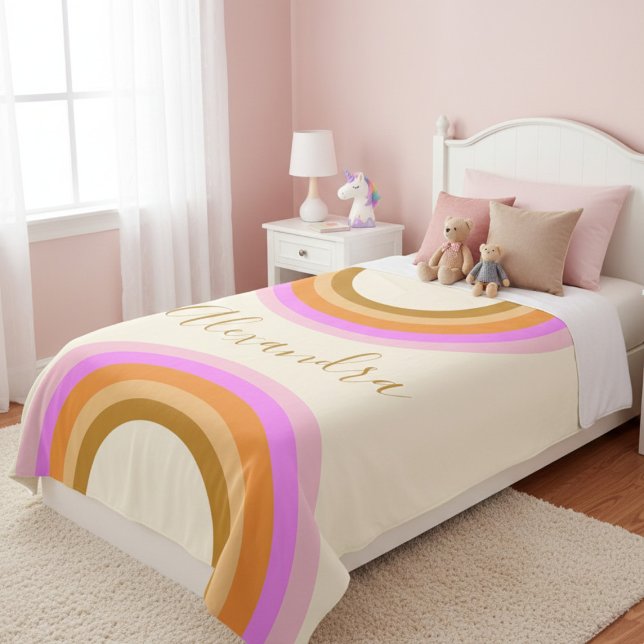 Cute Retro Double Rainbow Personalized Script Pink Sherpa Blanket (Creator Uploaded)