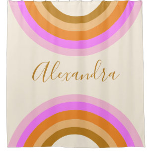 Cute Retro Double Rainbow Personalized Script Pink Shower Curtain