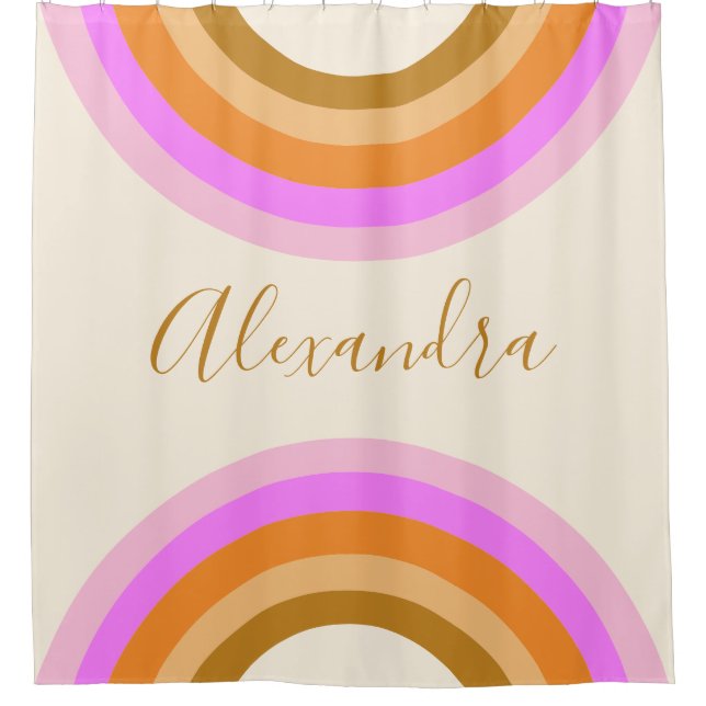 Cute Retro Double Rainbow Personalized Script Pink Shower Curtain (Front)