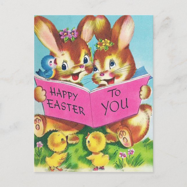 Cute retro Easter Bunnies Holiday postcard (Front)