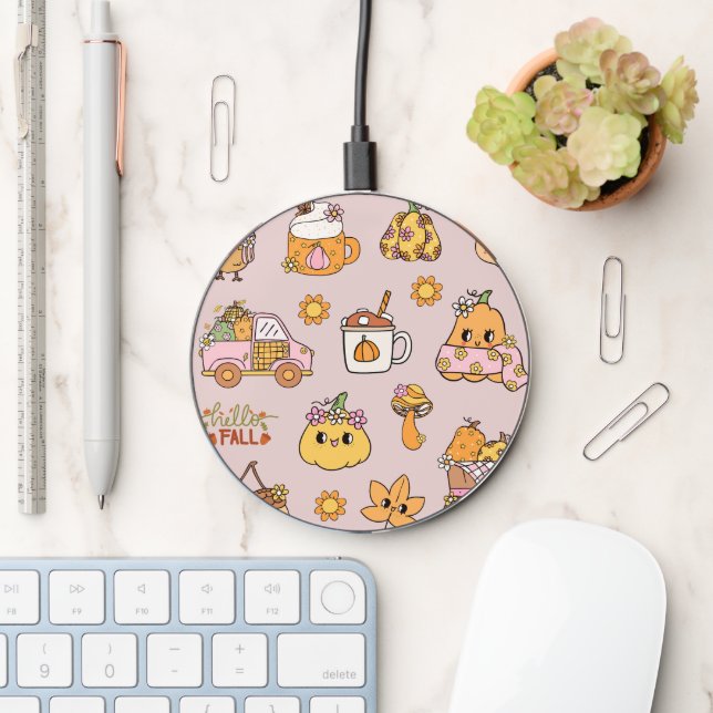 Cute Retro Fall Pumpkin Pattern Wireless Charger (Desk)