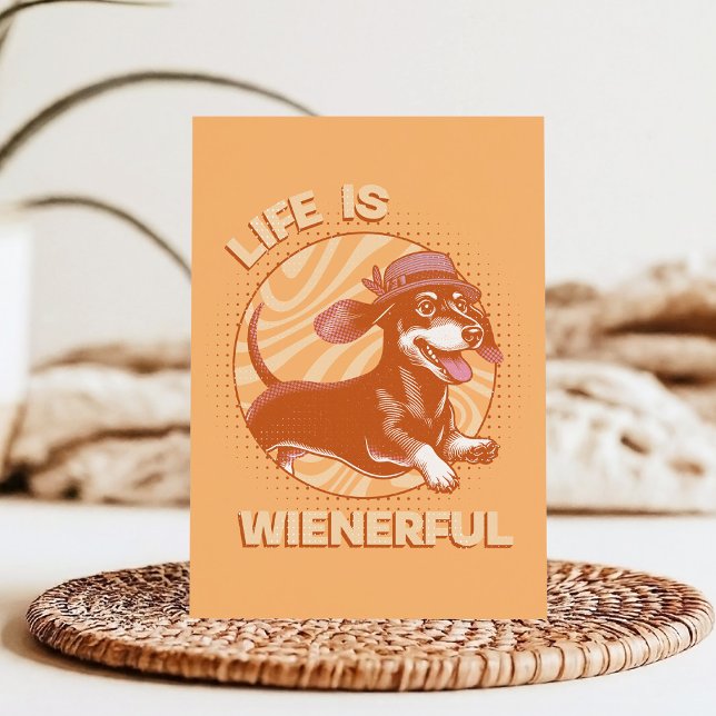Cute Retro Fedora Dachshund 'Life is Wienerful' Postcard (This fun and quirky design features an adorable dachshund, complete with a cute fedora hat!)