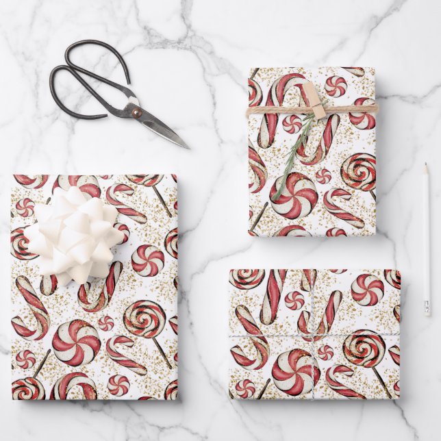 Cute Retro Festive Candy Cane Lollipops Pattern Wrapping Paper Sheets (Front)