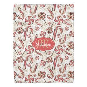 Cute Retro Festive Candy Cane Pattern Monogram Duvet Cover