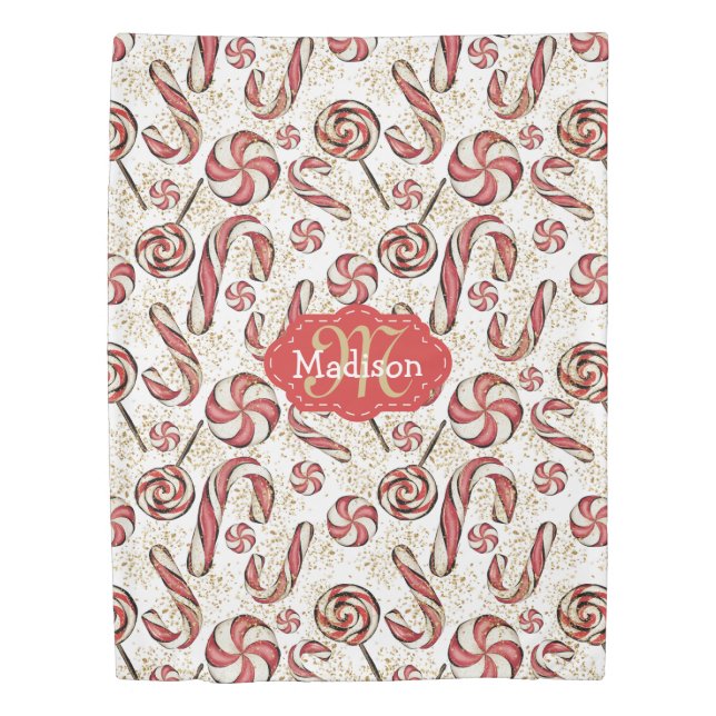 Cute Retro Festive Candy Cane Pattern Monogram Duvet Cover (Front)