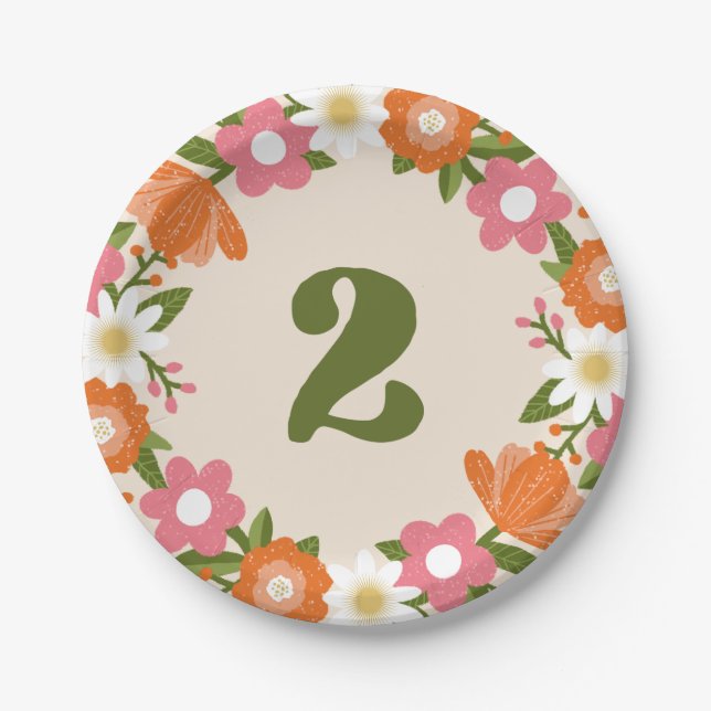Cute Retro Floral 2 | Girls Second Birthday Paper Plates (Front)