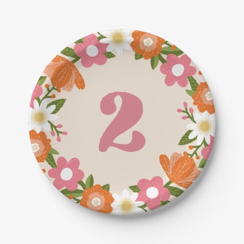 Cute Retro Floral 2  Girls Second Birthday Paper Plates