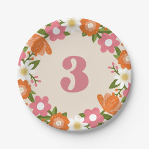 Cute Retro Floral 3 Girls Third Birthday Paper Plates