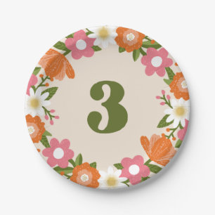Cute Retro Floral 3 Girls Third Birthday Paper Plates