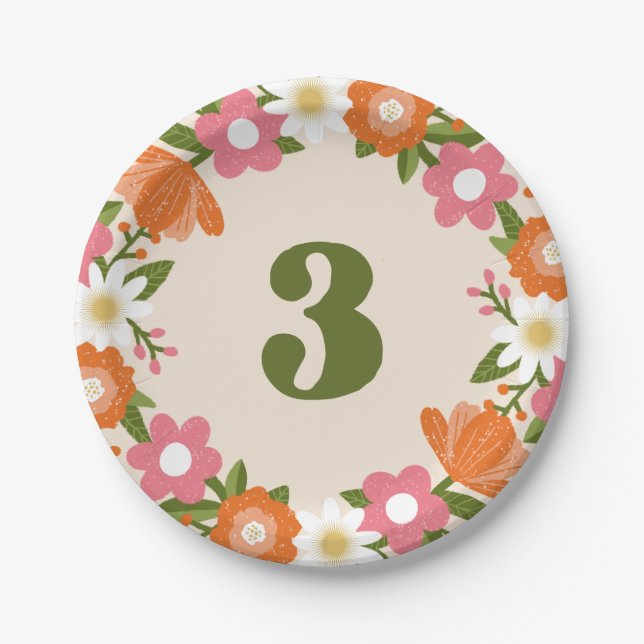 Cute Retro Floral 3 | Girls Third Birthday Paper Plates (Front)
