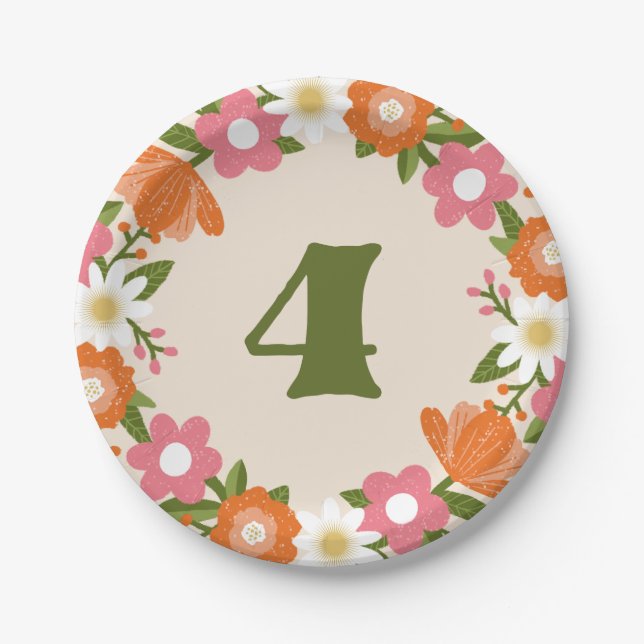 Cute Retro Floral 4 | Girls Fourth Birthday Paper Plates (Front)