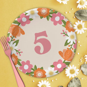 Cute Retro Floral 5 Girls Fifth Birthday Paper Plates