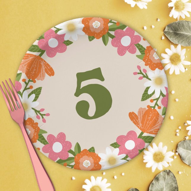 Cute Retro Floral 5 | Girls Fifth Birthday Paper Plates (Creator Uploaded)