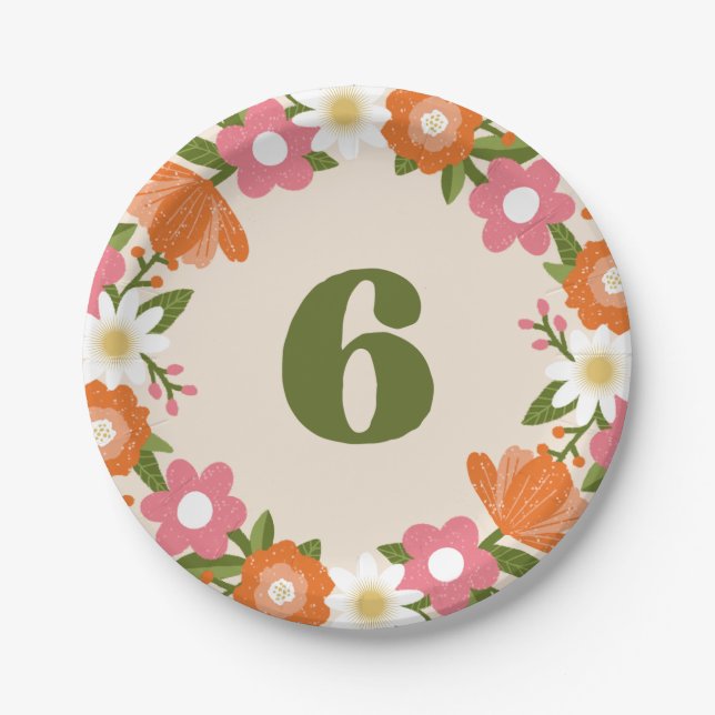 Cute Retro Floral 6 | Girls Sixth Birthday Paper Plates (Front)