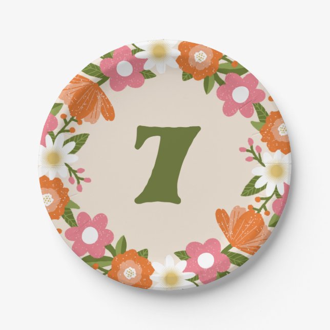 Cute Retro Floral 7 | Girls Seventh Birthday Paper Plates (Front)