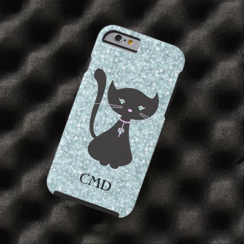 Cute Retro Floral Cat Design Green Glitter Tough iPhone 6 Case